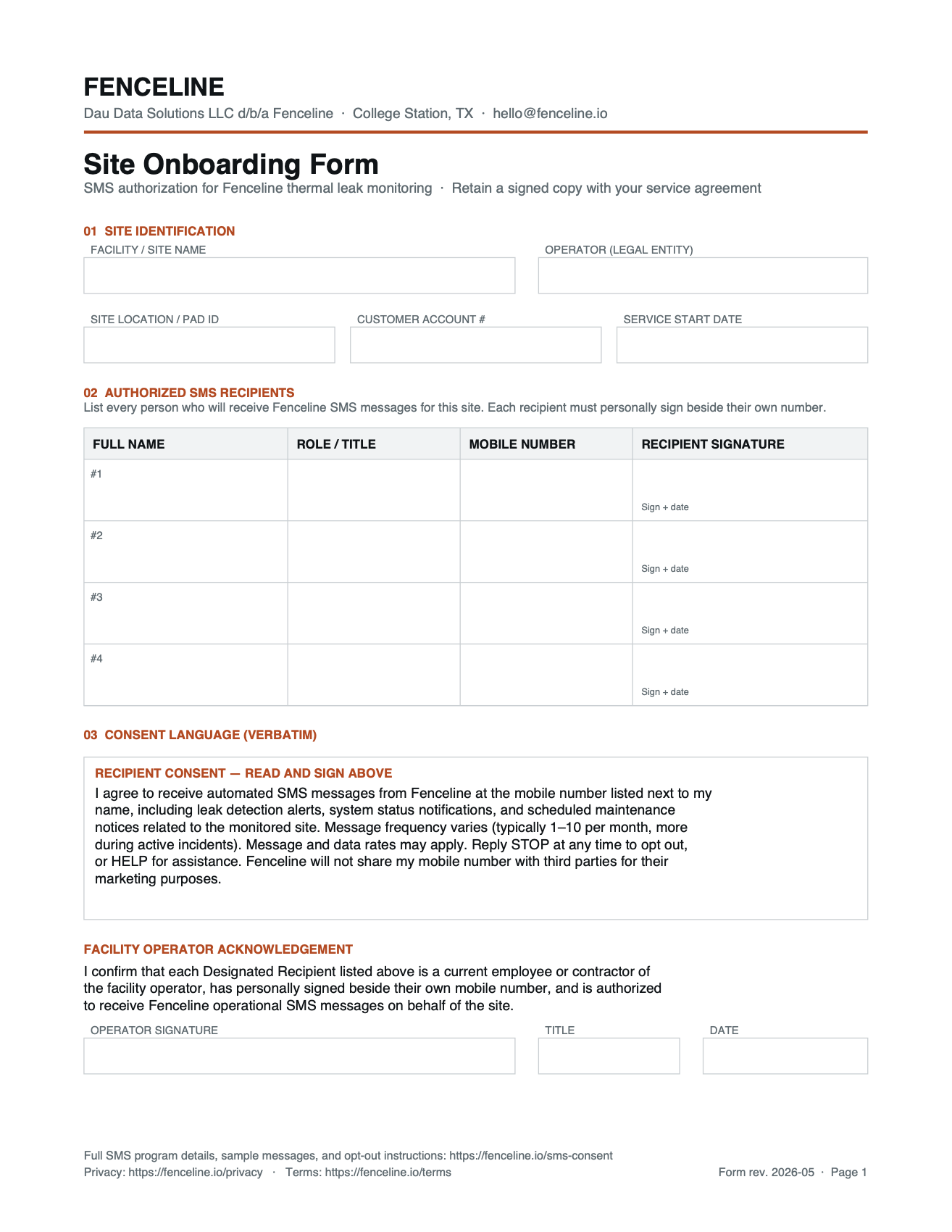 Preview of the blank Fenceline Site Onboarding Form, showing site identification fields, a four-row authorized SMS recipients table with full name, role, mobile number, and recipient signature columns, the verbatim consent language, and the facility operator acknowledgement and signature block.